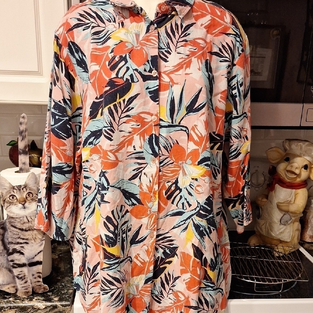 h Jessica London Floral Button-Up Shirt 3/4 Sleeve Size 26W